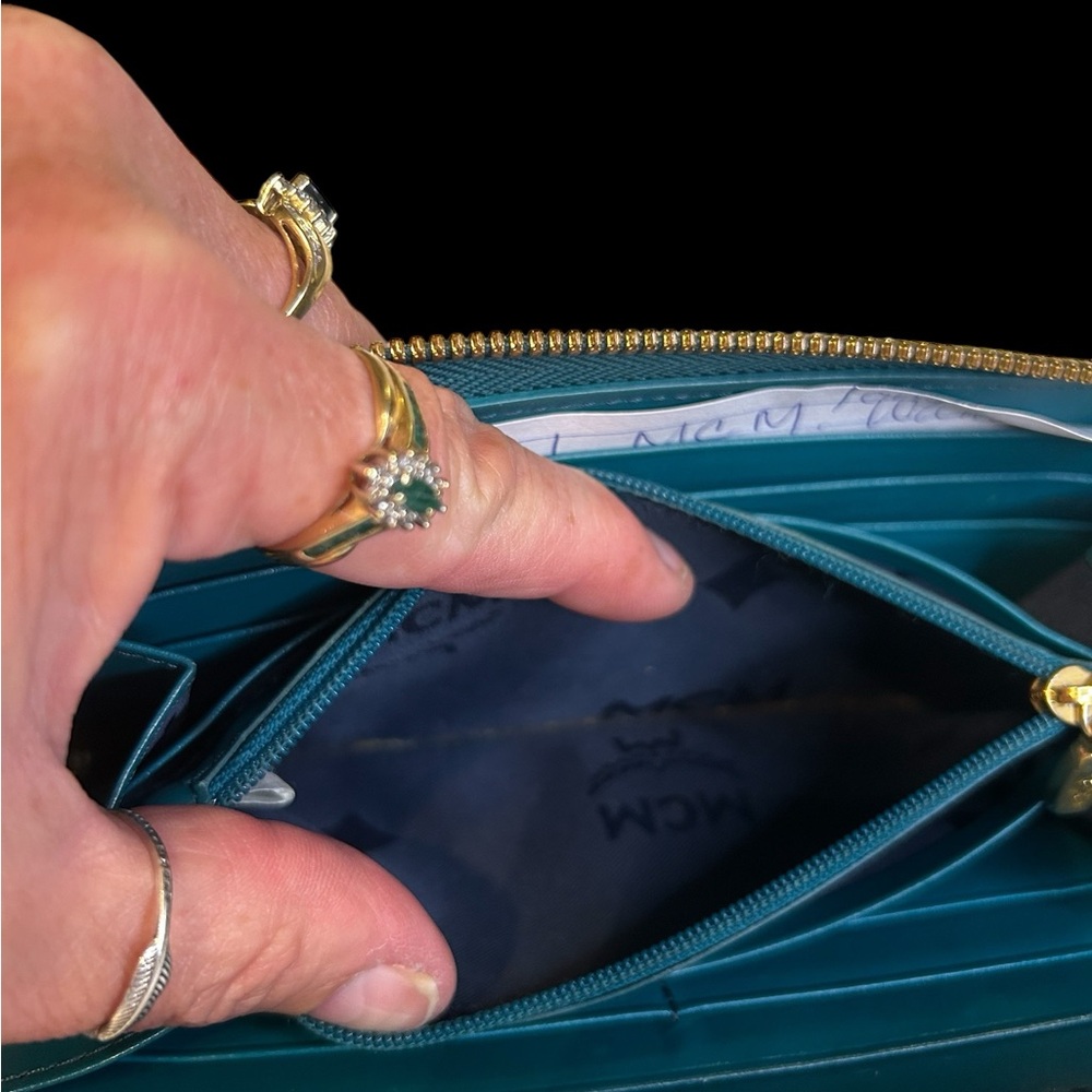 MCM TEAL LONG WALLET GUC many card slots/inside pockets .1 zipper inside pocket - Picture 5 of 13